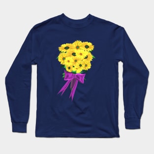 Yellow Sunflowers Bouquet with Purple Ribbon (Navy Blue Background) Long Sleeve T-Shirt